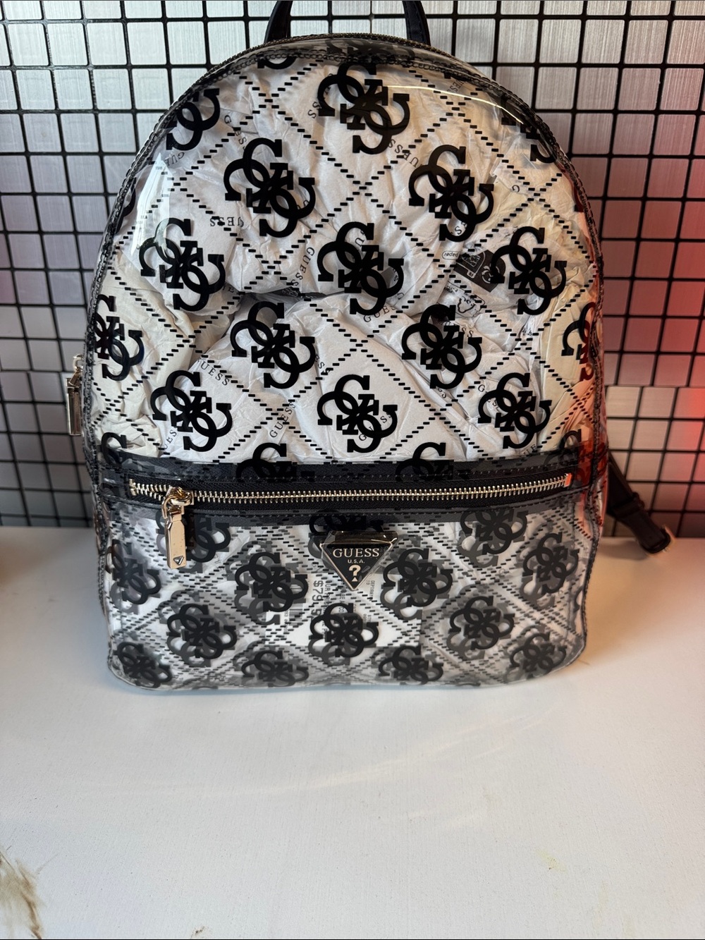 Guess Black & White Logo Quilted Clear Backpack